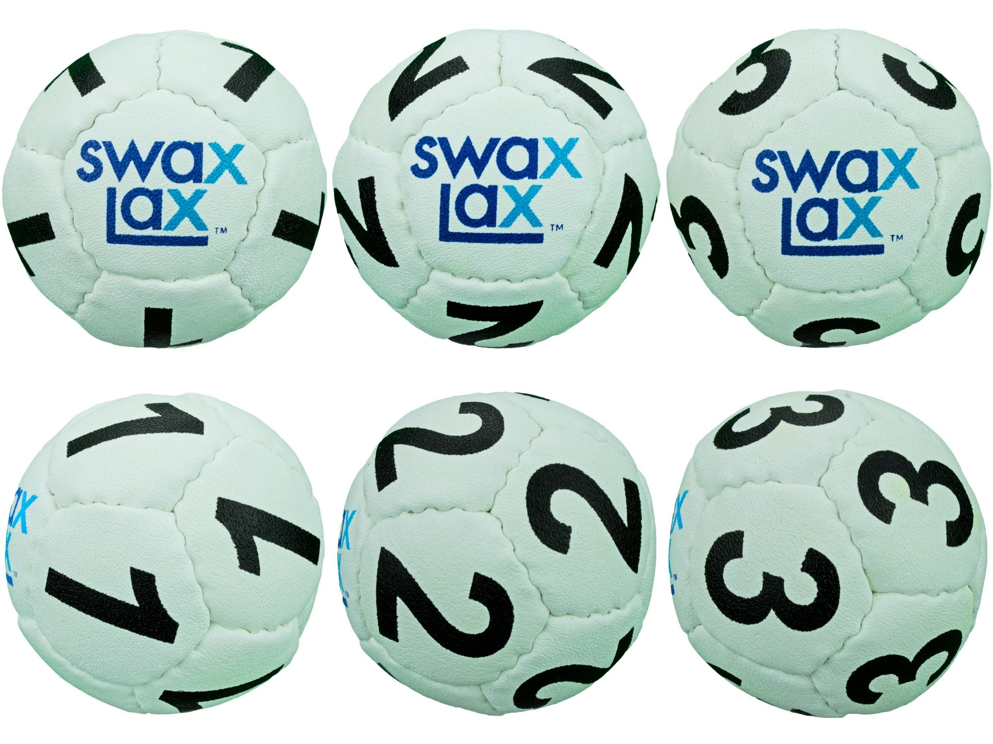 White Swax Lax Lacrosse Goalie Training Balls, Numbers 1-3 - front AND side views of set