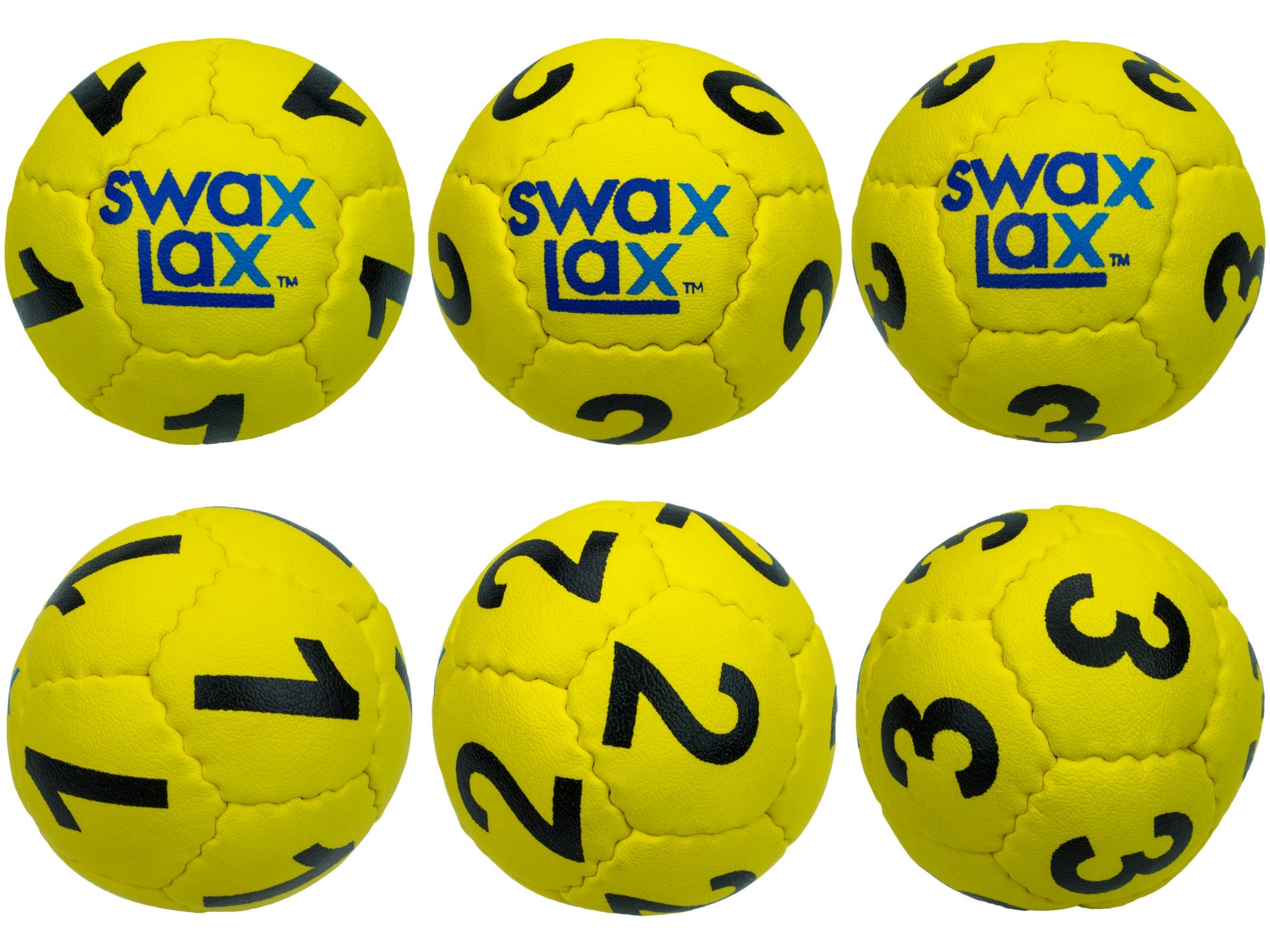 Yellow Swax Lax Lacrosse Goalie Training Balls, Numbers 1-3, front AND side views of set